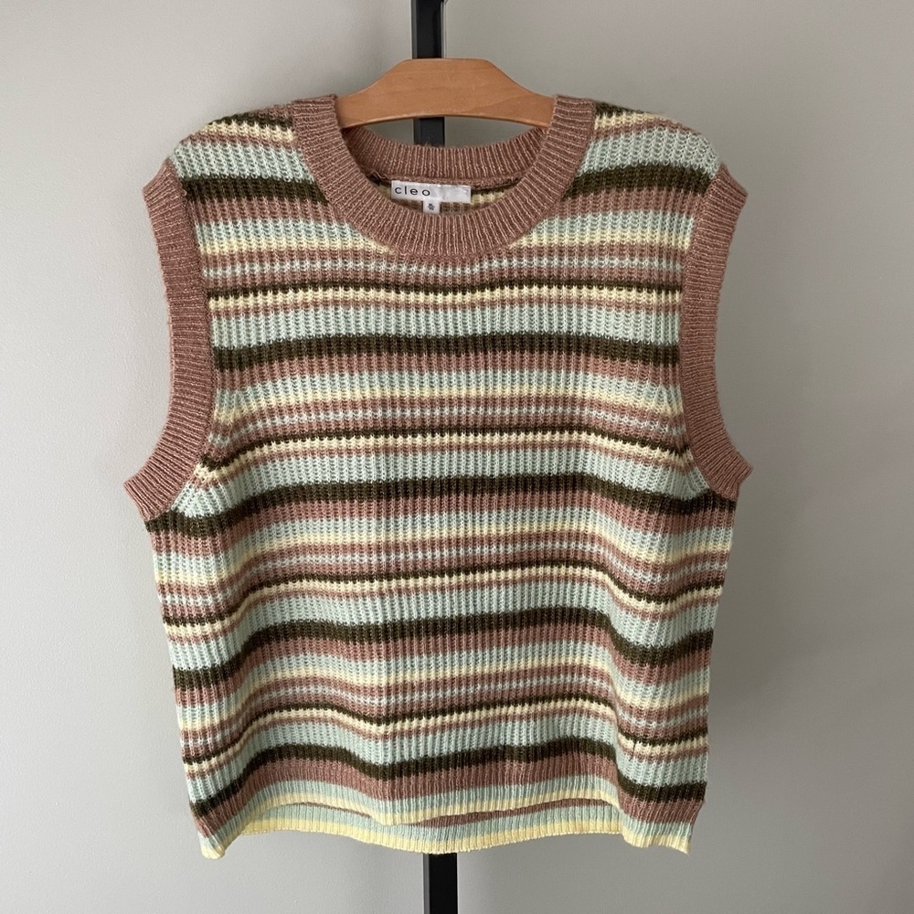 cleo Striped Knit Sweater Vest in Brown, Cream, Olive & Pale Yellow